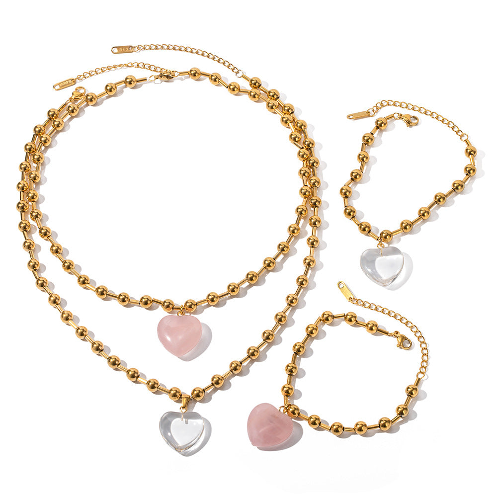5pcs Fashion Popular Stainless Steel Transparent Glass Crystal 18K Gold Transparent Love Bead Necklace