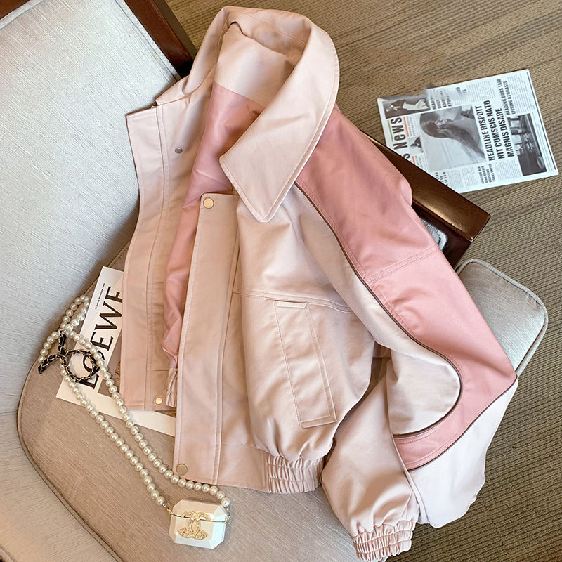 Pink Casual Leather Coat For Women Spring New Fashion Brand Loose Vintage Biker Jacket