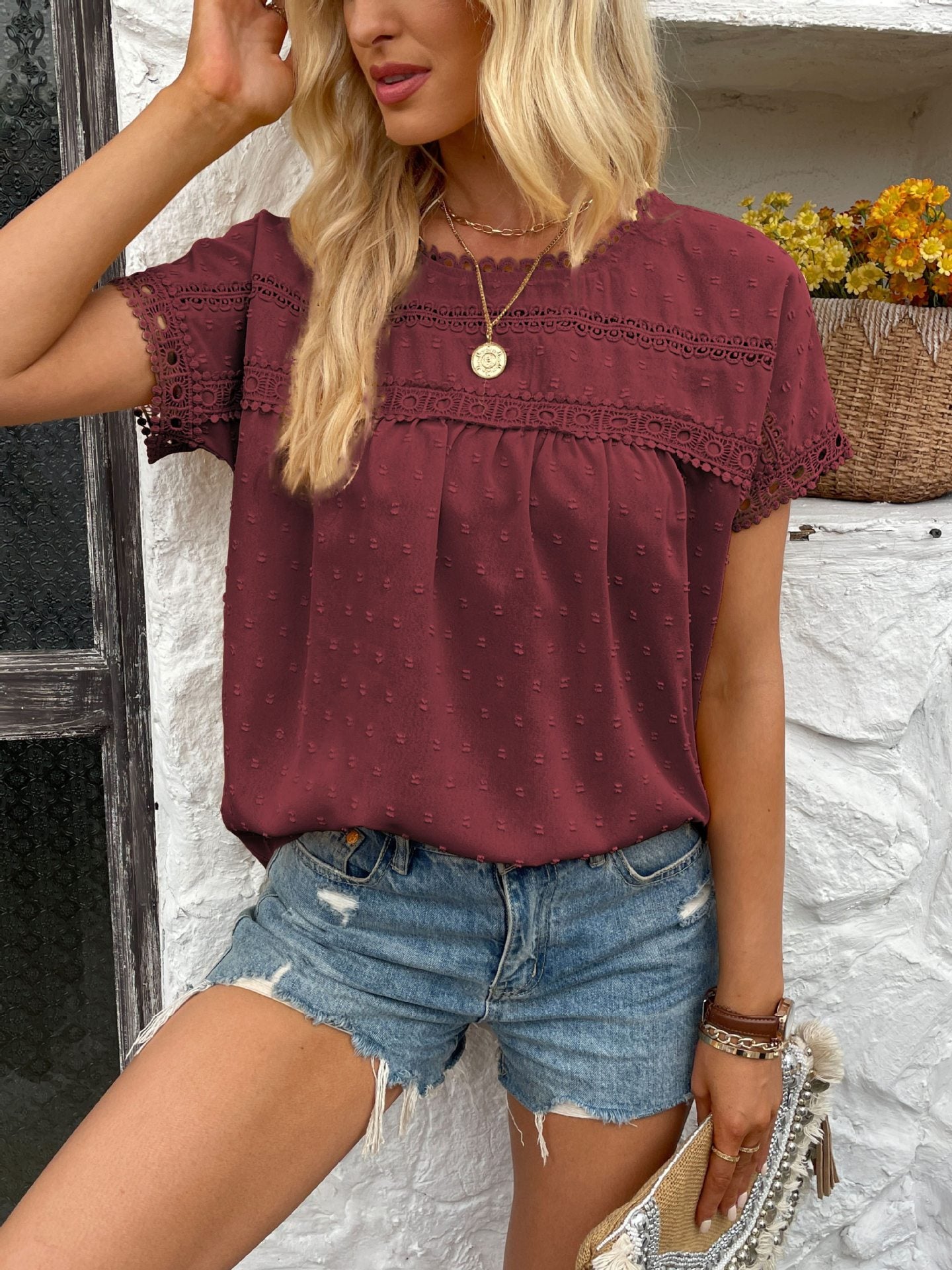 New Summer Lace Top Women's Solid Color Round Neck Short Sleeve Lace Pullover
