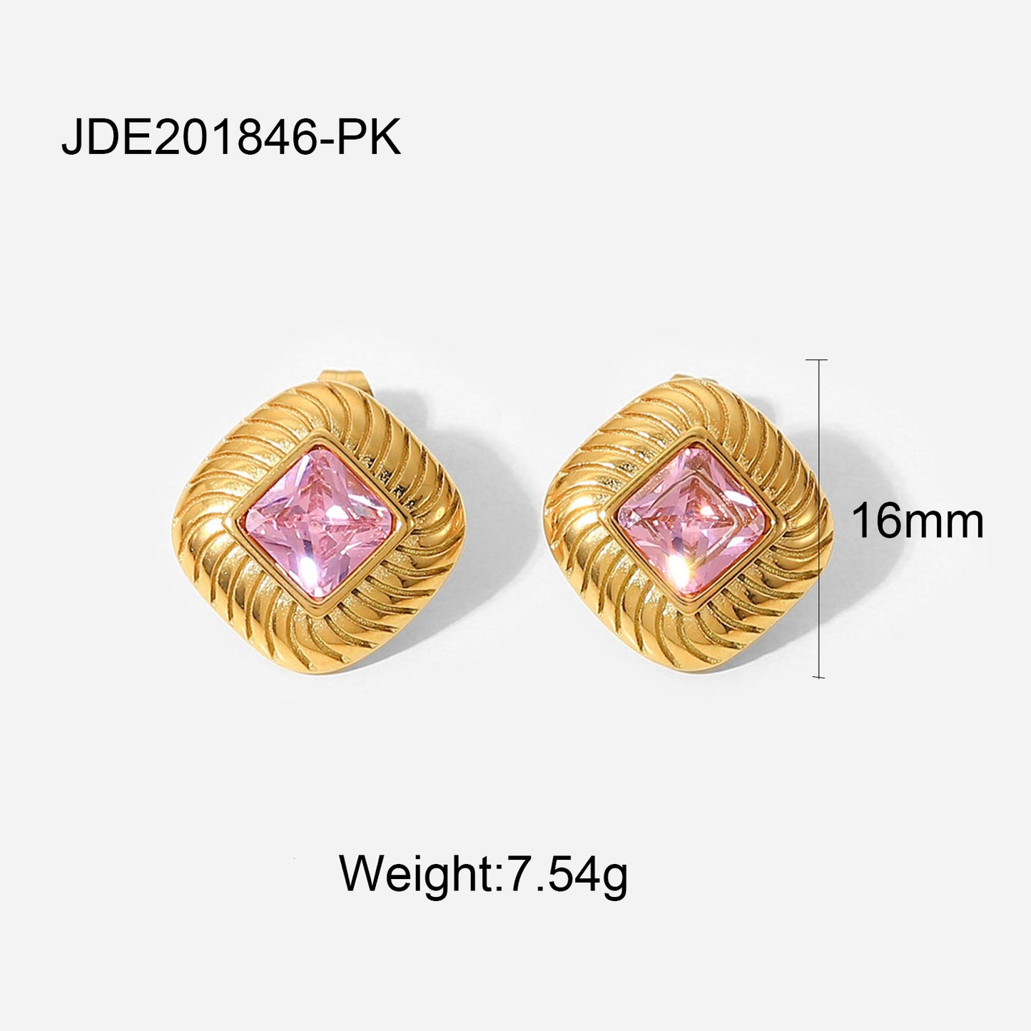 5pcs 18K Gold-Plated Square Buttons Colored Zircon Earrings Stainless Steel Green/White/Colored Cubic Zirconia Earrings For Women