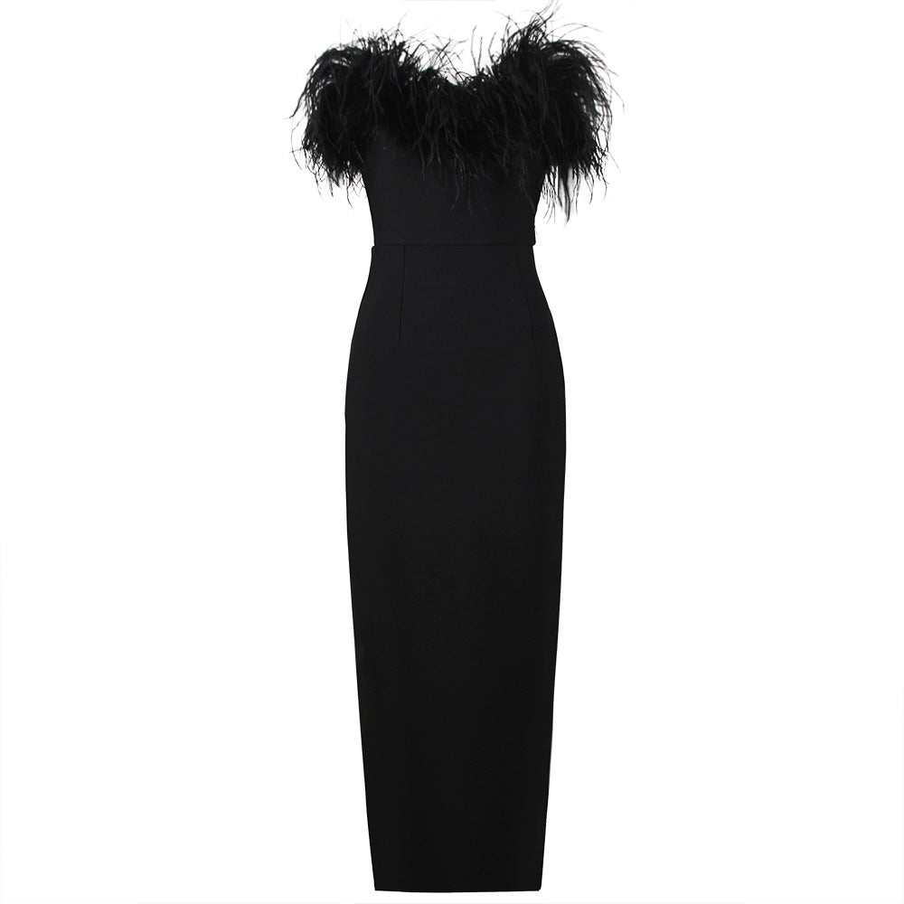 New Strapless Bandage Dress Fashion Feather Elegant Tight Wrap Hip Sleeveless Party Banquet Dress