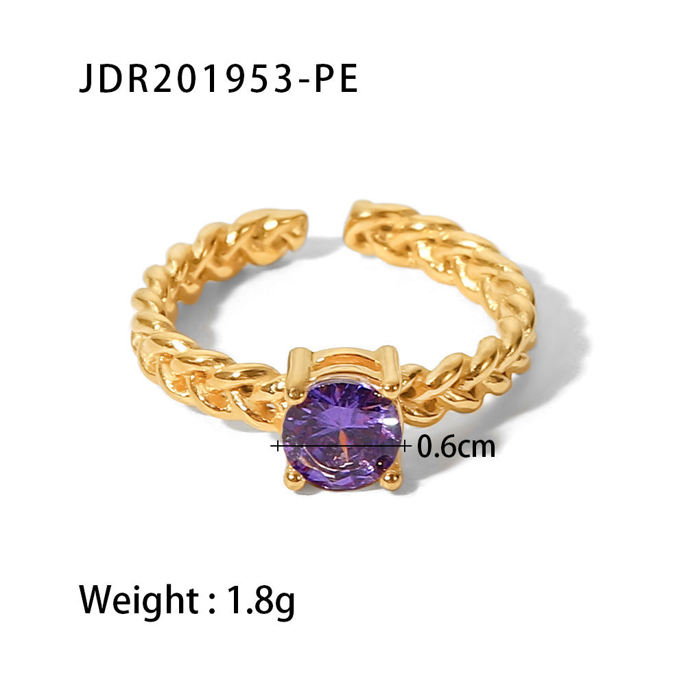 5pcs Women's Fashion All-Match Ring 18K Gold Stainless Steel Round Zircon Set Wheat Braided Adjustable Ring