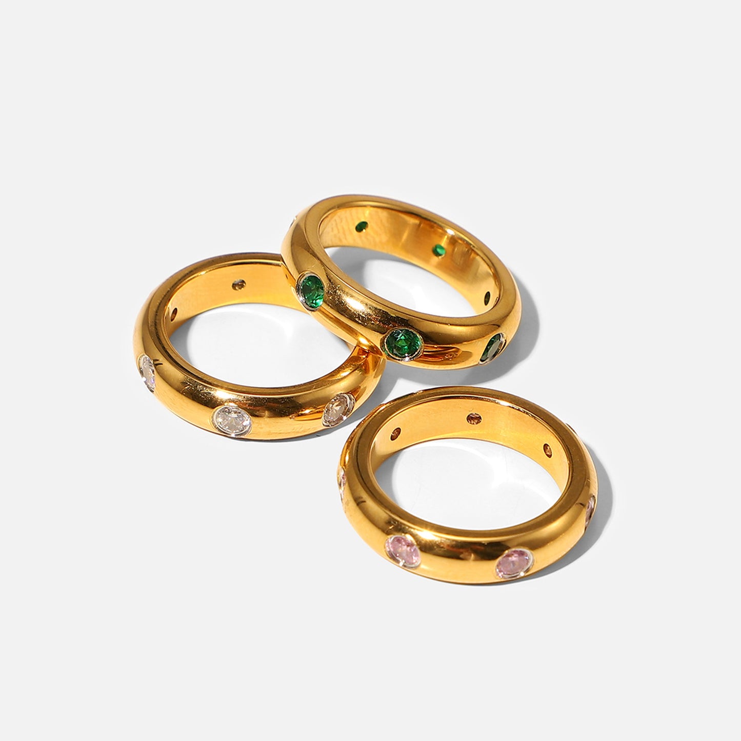 5pcs 18K Gold Stainless Steel Retro Micro-Inset Green // White Zircon Ring Index Finger Joint Finger Ring