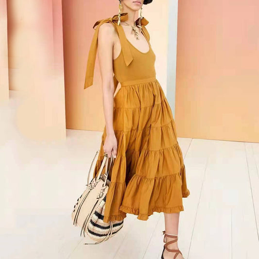 Fashion Commuter Style Spring New Bow Lace-Up Halter Solid Color Patchwork Slim Mid-Length Dress