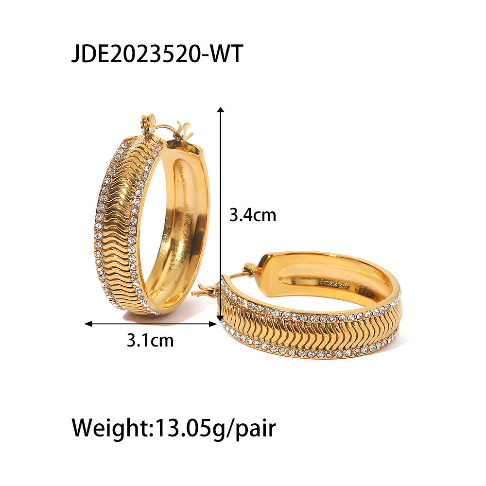 5pcs Temperament Light Luxury Niche Earrings 18K Gold Plated C-Shaped Corrugated White Zircon Double Inset Geometric Earrings