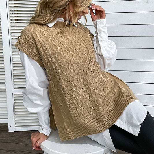 Early Autumn Fashion Women's Solid-Color Short-Sleeved Knitted Twist Sweater Vest Woman