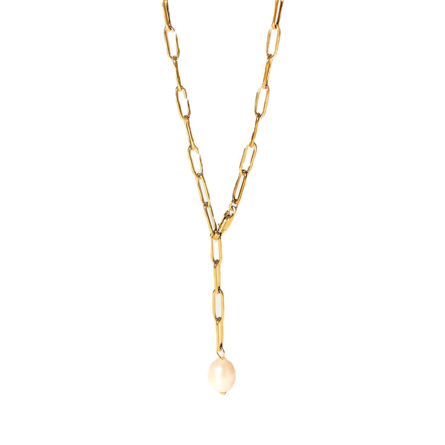 5pcs New Stainless Steel Paper Clip Chain Pearl Necklace Y Shape Light Pearl Pendant Necklace For Women