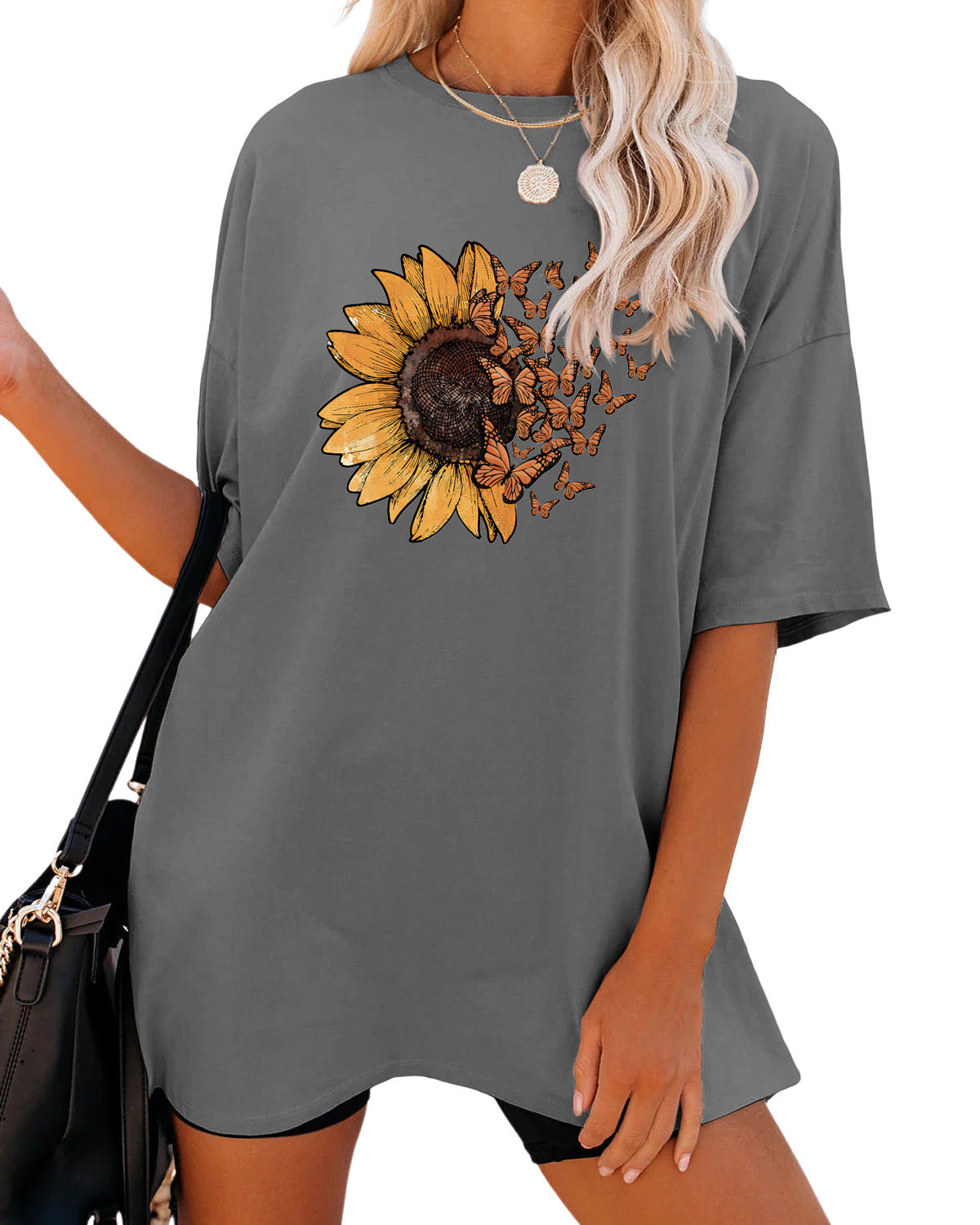Casual Sunflower Print Loose T-Shirt Women's Round Neck Fashion Short Sleeve Shirt