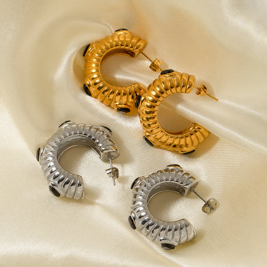 5pcs 8K Gold Stainless Steel Zircon Inlaid Black Zircon Bread C-Shaped Earrings Temperament Earrings For Women