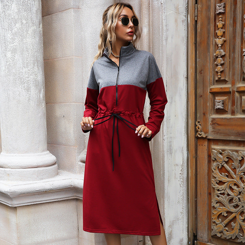 Women's Standing Collar Zipper Lace-Up Hoodie Dress
