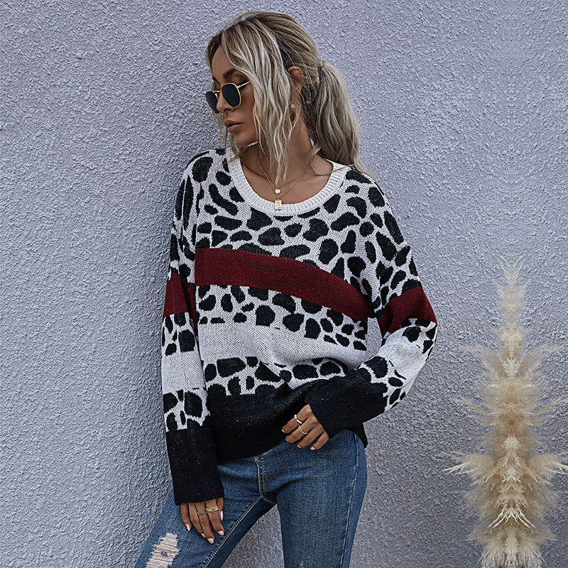 Autumn Loose Leopard Print Knit Crewneck Sweater for Women
