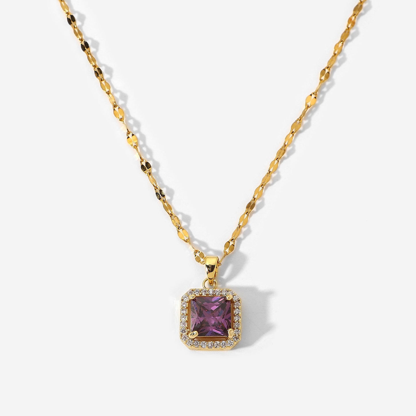 5pcs 18K Stainless Steel Chain White Microinset Zircon Encrusted Purple Square Zircon Pendant Necklace For Ladies