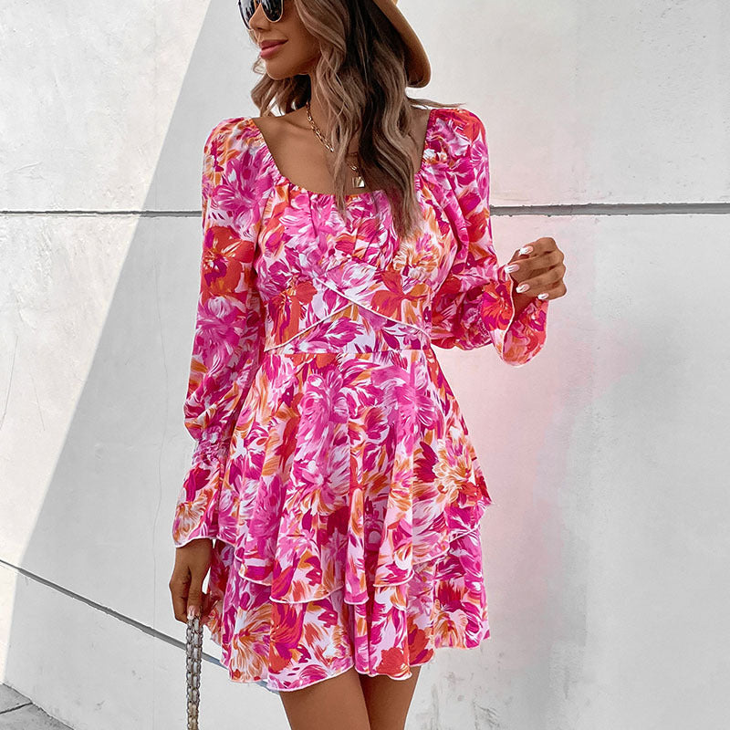 Charming Square Collar Ruffled Sweet Cake Dress for Autumn and Winter Women's Fashion