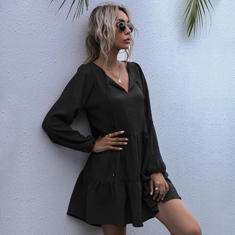 Women's Round Neck Tie Fold Loose Solid Color Long-Sleeved Dress