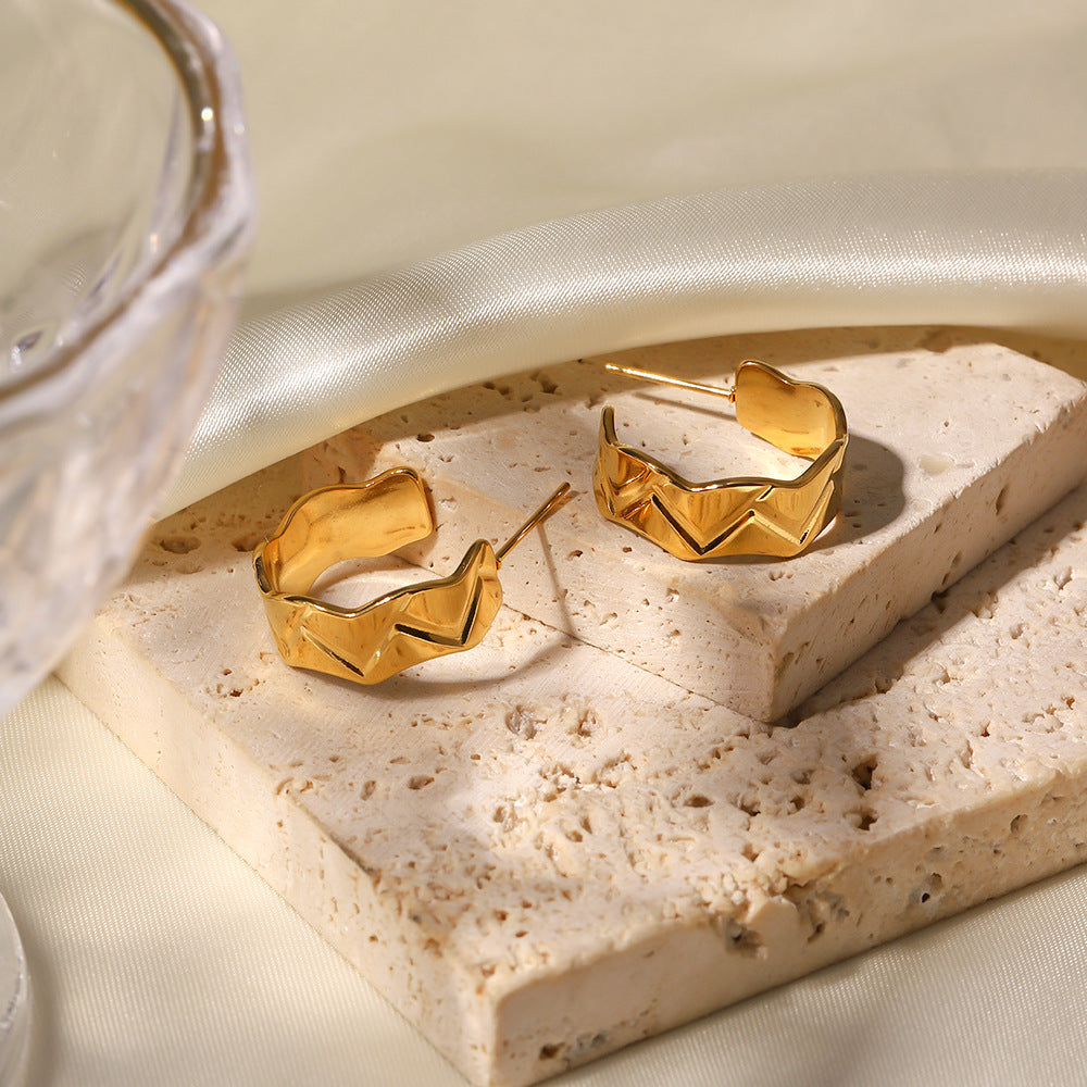 5pcs 18K Gold Plated Stainless Steel Irregular Width Height Polished C Ring Earrings Ladies Fashion All-Match Accessories