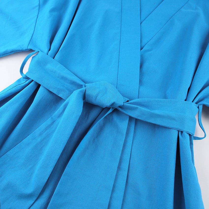 Autumn New Temperament Leisure Commute Wrapped Loose Cotton Hemp Belt High-Waisted Long-Sleeved Dress Women