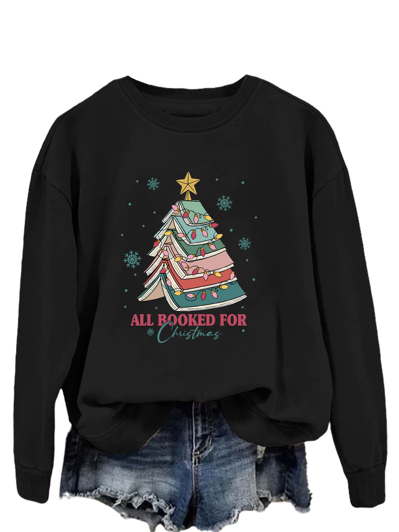 All Booked For Christmas Letters Fun Printed Casual Crew-Neck Hoodie