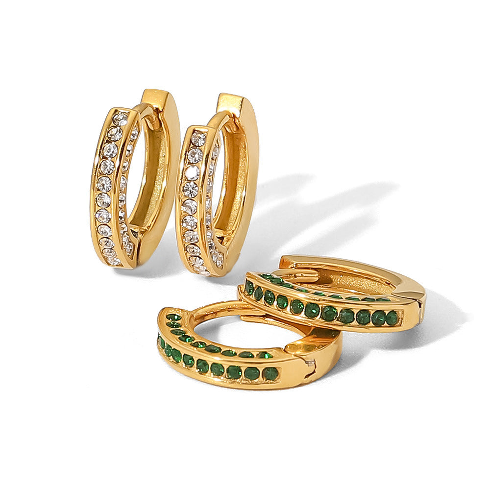 5pcs New Fashion Women's Earrings Stainless Steel 18K Gold Plated Mini Green Zircon Ring Earrings