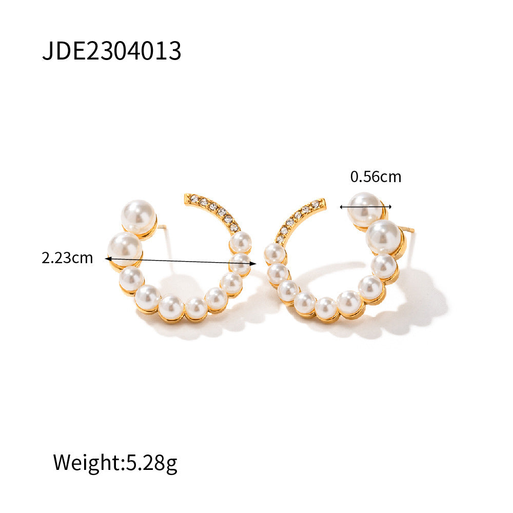 5pcs Hot 18K Gold Stainless Steel Full Diamond Full Pearl C Shaped Horn Ring Earrings Do Not Fade Jewelry
