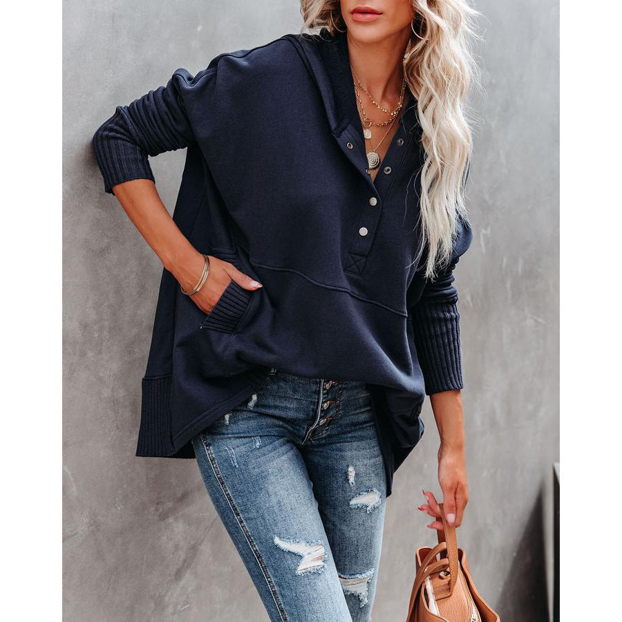 Autumn And Winter New V-Neck Hooded Multi-Color Bat Sleeve Hoodie Loose Thread Stitching Top Woman