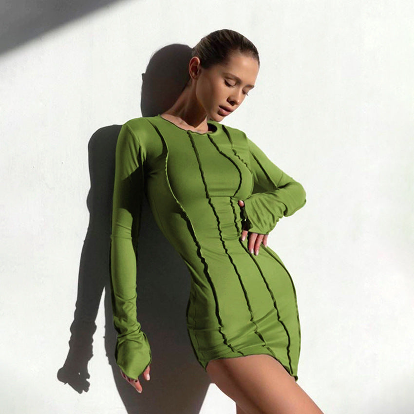 Spring And Autumn New Niche Design Sense Dress Fashion Irregular Round Neck Sexy Skirt Tight Bag Hip Skirt