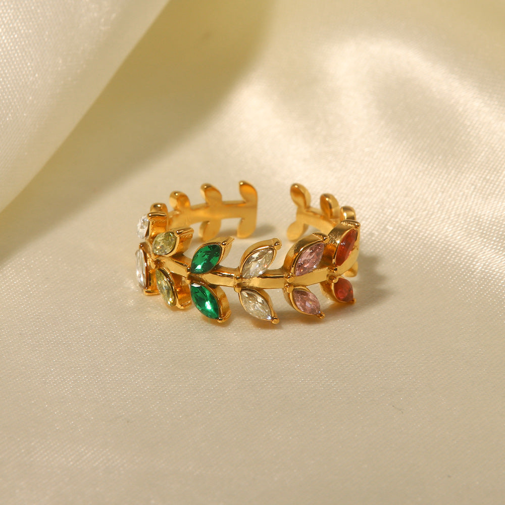 5pcs 18K Gold-Plated Zircon Leaf Opening Ring Women's Fashion All-Match Titanium Steel Ring