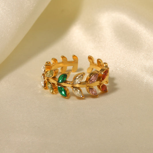 5pcs 18K Gold-Plated Zircon Leaf Opening Ring Women's Fashion All-Match Titanium Steel Ring