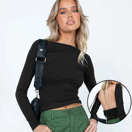 New Summer Big Halter-Back Bm Top Long Sleeve Sexy Spice Girl Shoulder T-Shirt Women's Wear