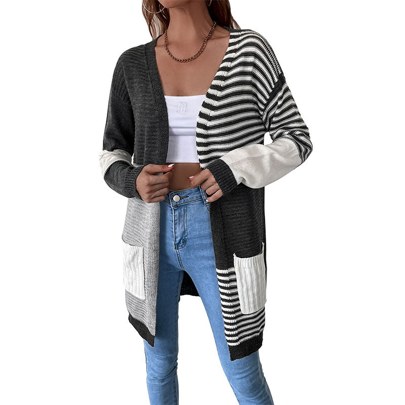 Autumn And Winter  Women's Patchwork Striped Cardigan Sweater Coat
