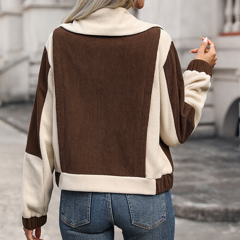 Pocket Cardigan Women's Autumn And Winter New Fleece Zipper Color Contrast Coat