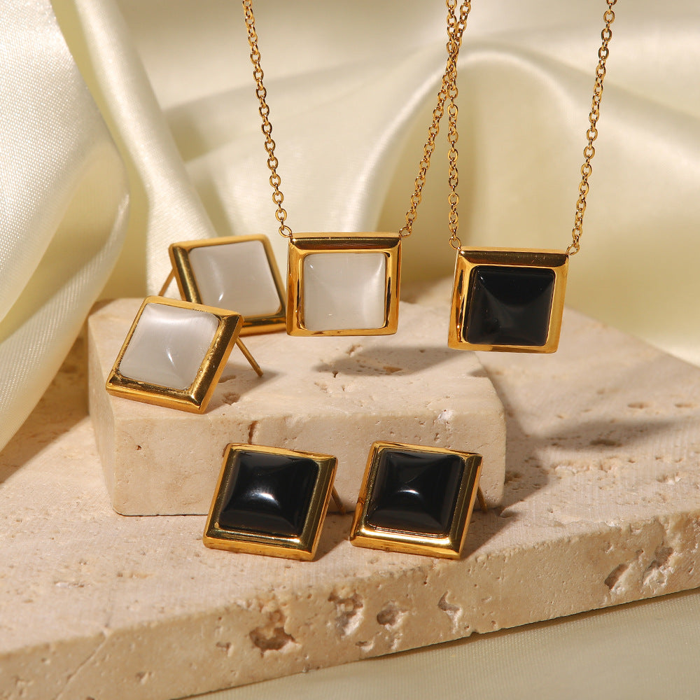 5pcs Cat's Eye Stainless Steel Square Earrings Necklace Female Style Fashion Niche Design High-Grade All-Match Titanium Steel Necklace