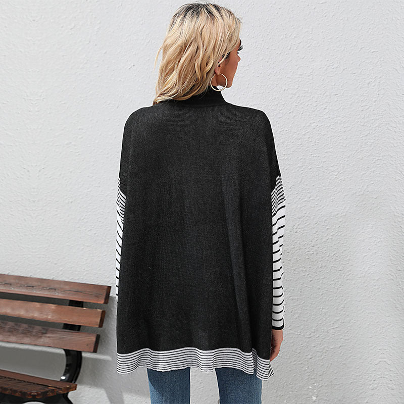 New Autumn And Winter Women's Long-Sleeved Striped Half-Turtleneck Loose Sweater