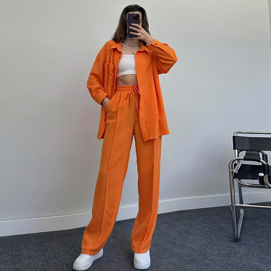 Women's Autumn And Winter Long-Sleeved Shirt Folds Elastic Waist Trousers Elegant Two-Piece Set New
