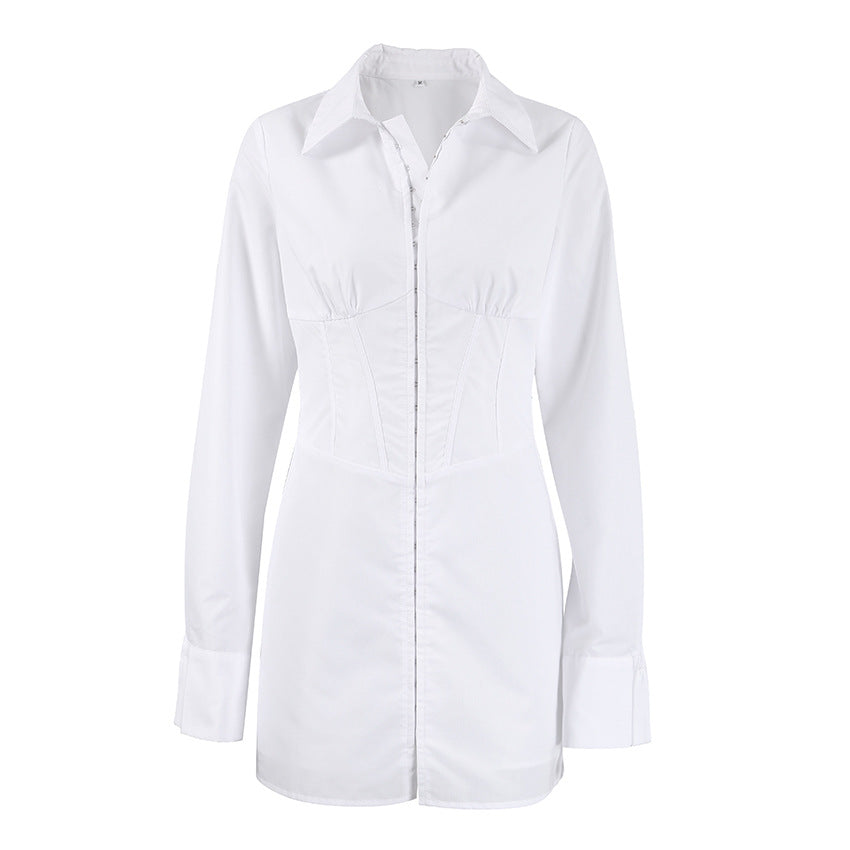 Fall Wear On The New White Polo Shirt Dress Commuter Slimming Waist Long Sleeve Dress For Women