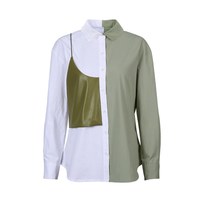 Spring Contrast Color Commuter Shirt Women's Design Sense Splicing Pu Leather Fake Two Long Sleeve Loose Shirt