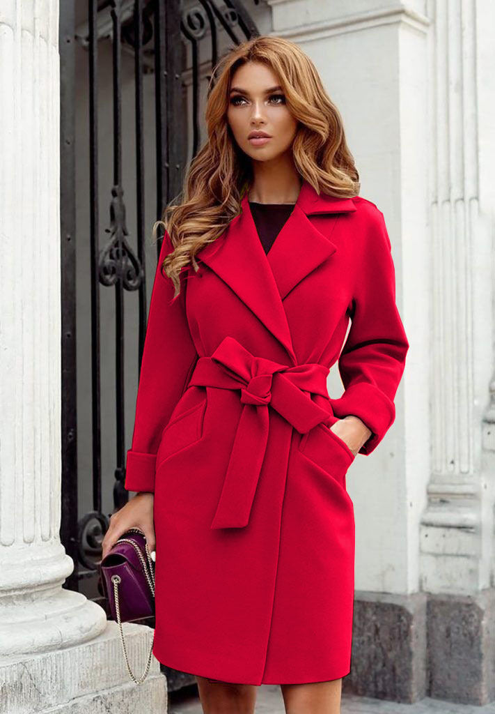 Autumn Winter Fashion Slim-Fit Belt Lapel Wool Coat Coat