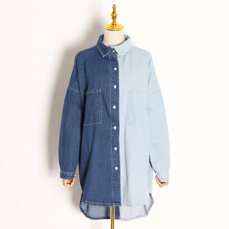 Spliced Denim Shirt Spring New Fashion Temperament Casual Lapel Single-Breasted Design Loose Plus Size Shirt
