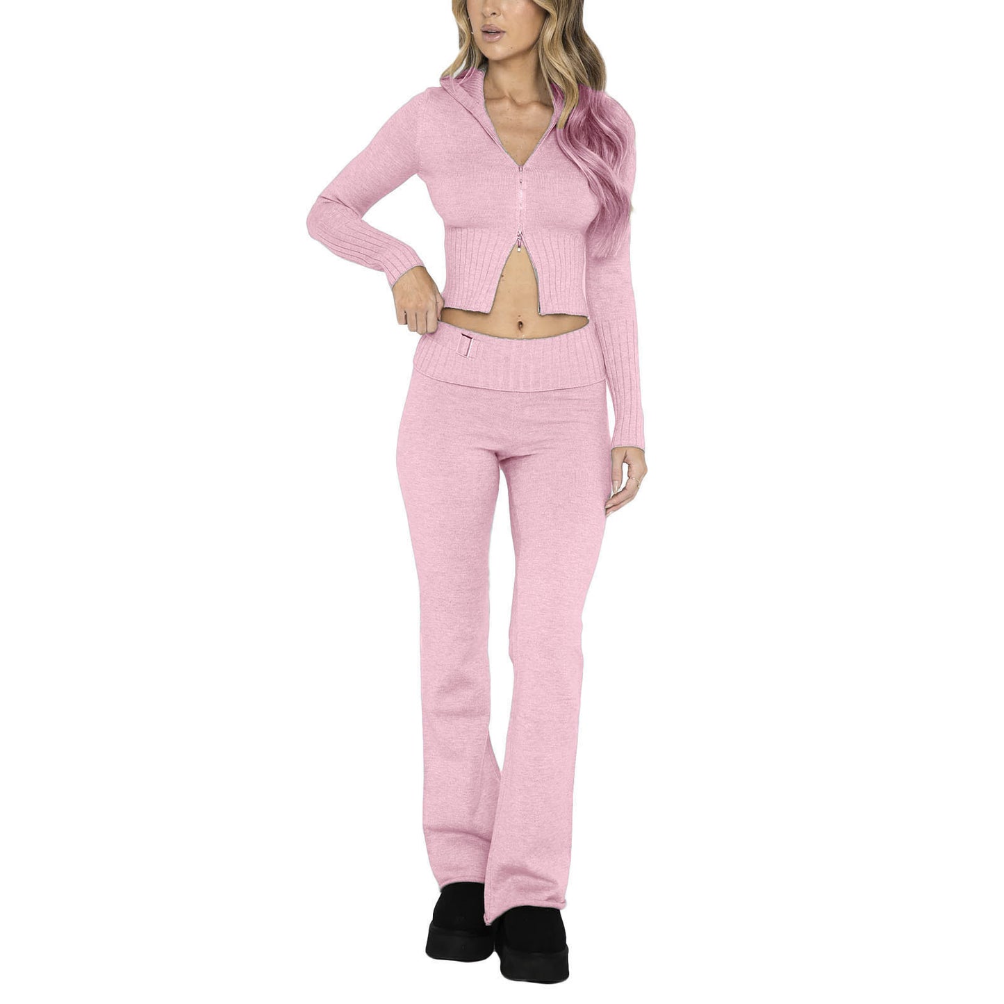 New Knitted Hooded Women's Fashion Sexy High-Waisted Long-Sleeved Trousers Two-Piece Set