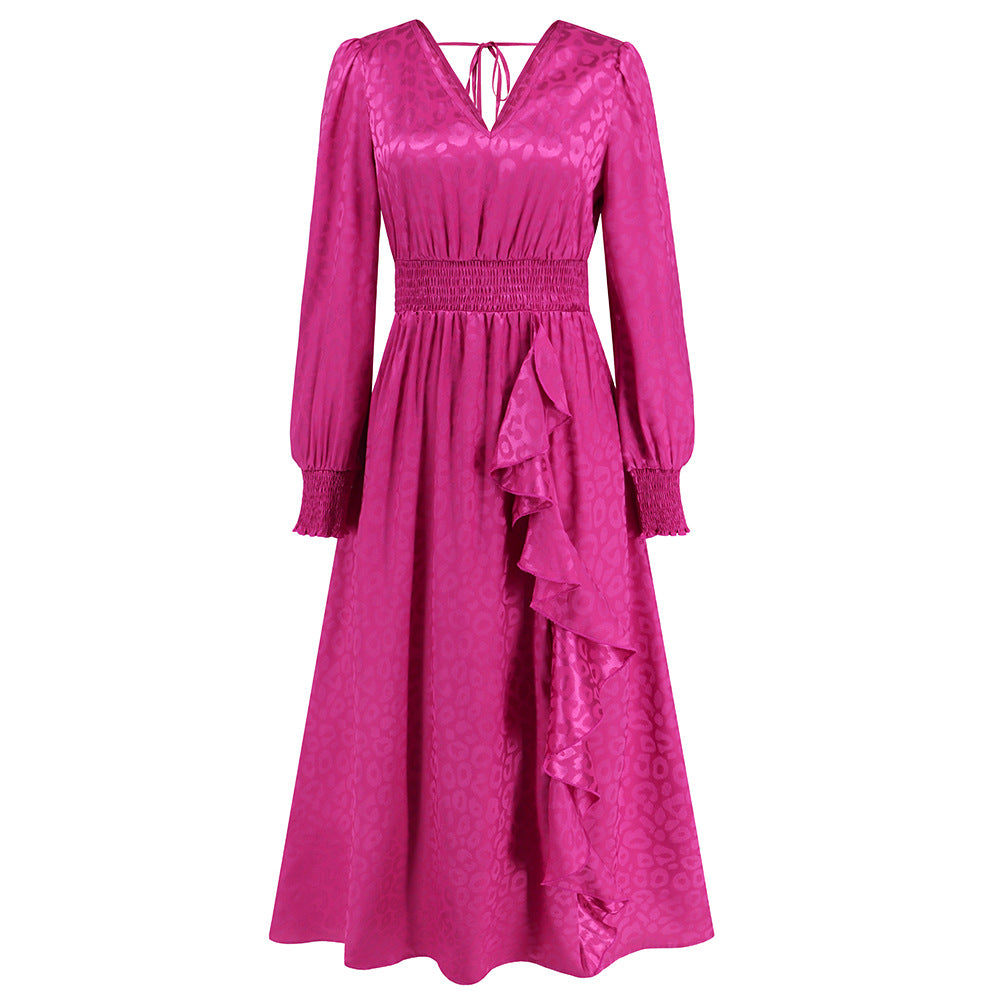 Women's Dress Autumn And Winter V-Neck Long Sleeve Leopard Dress Big Size