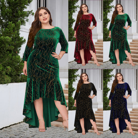 Women's Plus Size Seven Quarter Sleeve Mermaid High And Low Hem Ultra Long Velvet Formal Jumpsuit