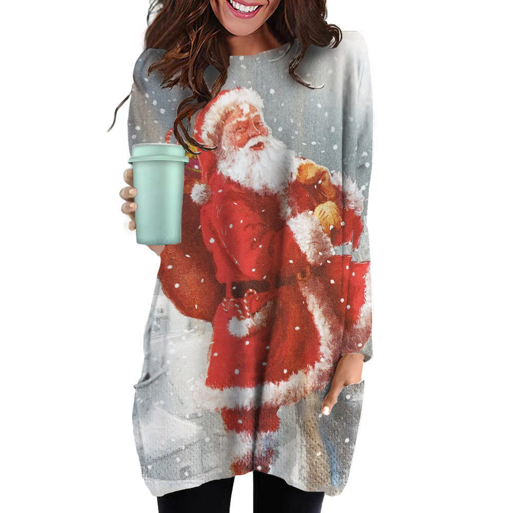 Women's Loose Round Neck 3D Christmas Elements Printed Long T-Shirt A Hair Casual Hoodie