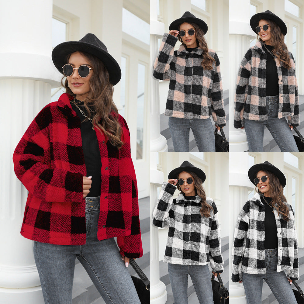 Mid-Length Autumn-Winter Button-Up Warm Coat Women's Retro Long-Sleeved Lapel Plaid Double-Sided Plush Coat