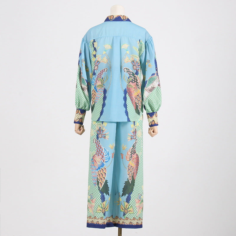 Autumn New Vintage Print Lapel Bubble Sleeve Long Sleeve Shirt + High Waist Wide Leg Mop Pant Suit