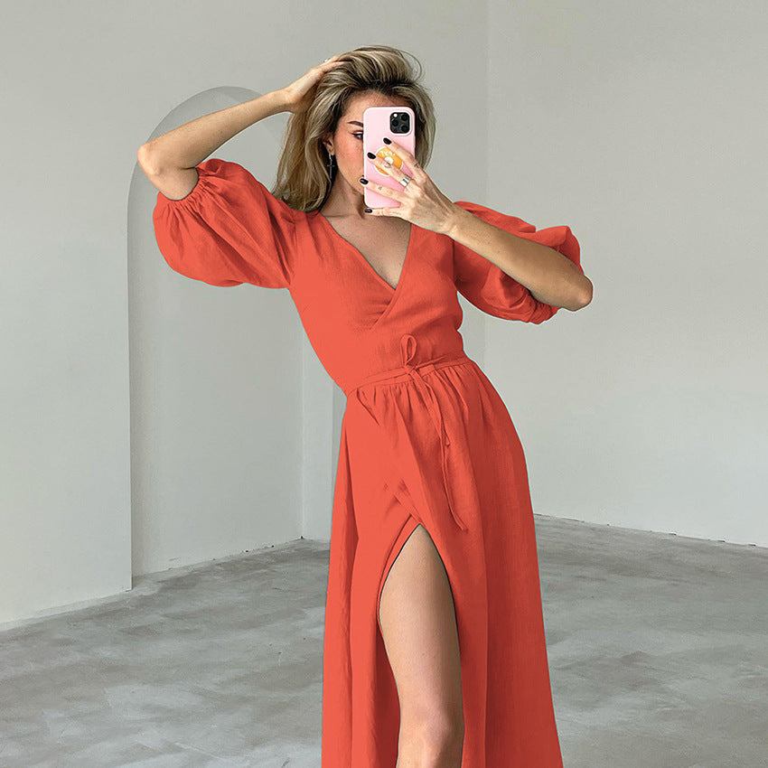 Summer New Cotton Commuter V-Neck Slit High Waist Waist Design Sense A-Line Skirt Dress Women