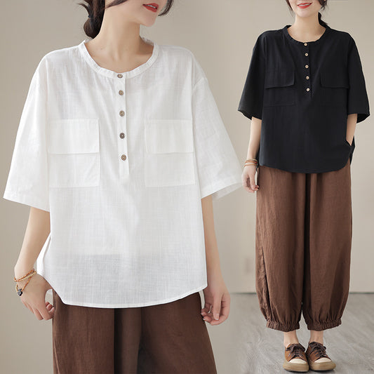 Linen Shirt Woman Summer Collar Large Size Loose Casual Shirt Short Sleeve Blouse Fat T-Shirt Woman