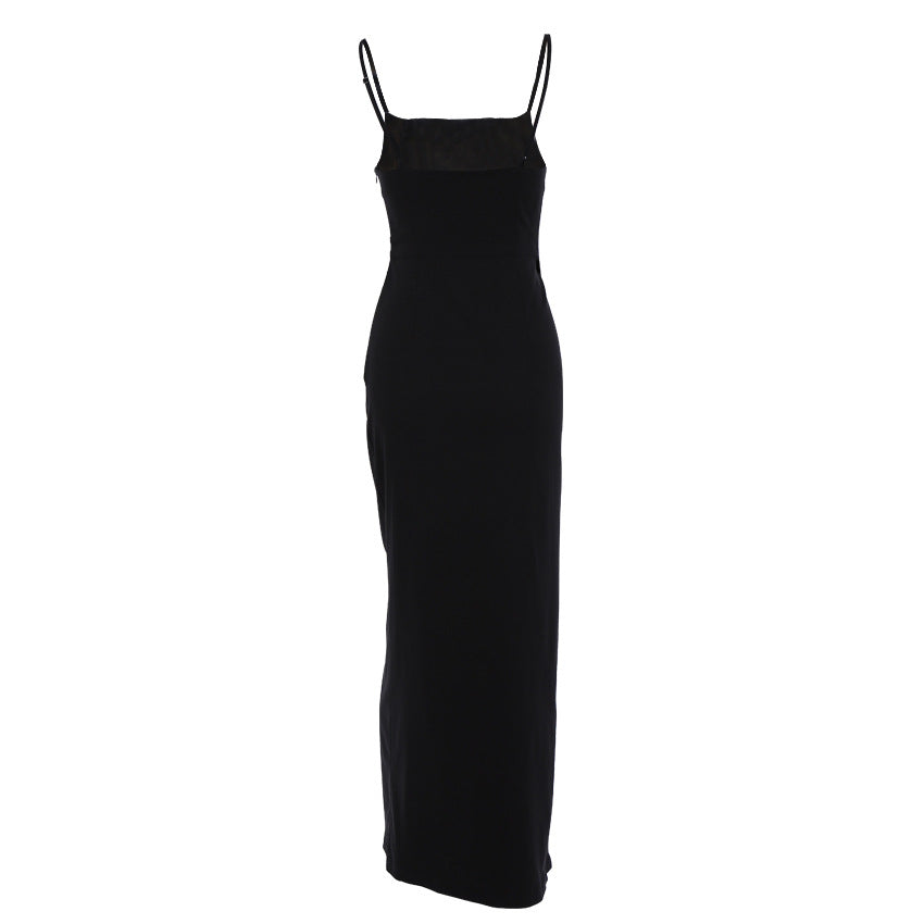 Summer New Square Collar Sleeveless Slip Dress Slim-Fit Long Skirt Slim Tall Slit Black Dress