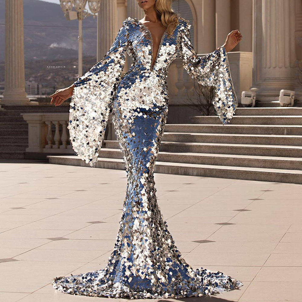 Spring New Women's Sexy Sequin Dress Silver Party Dress Cover Buttock Evening Gown