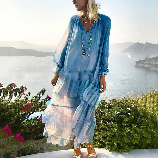 New Wooden Ear Edge Splicing Holiday Beach Long Skirt V-Neck Long Sleeve Dress Women With Suspenders