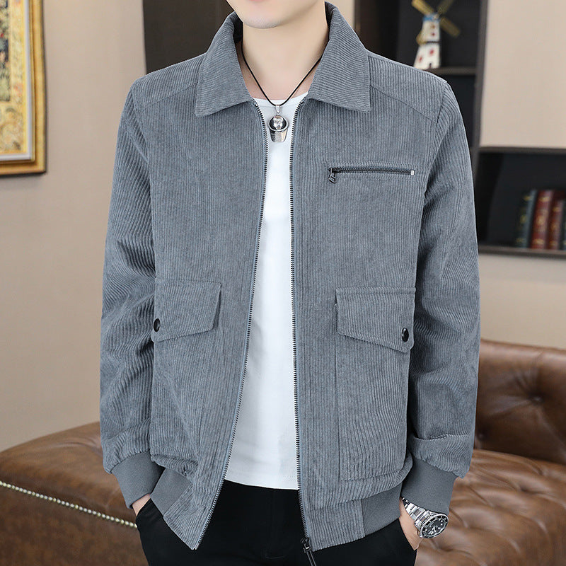 Corduroy Jacket Men's Winter Loose Baseball Uniform Lapel Clothing Plus Fleece Thickened Casual Cargo Jacket