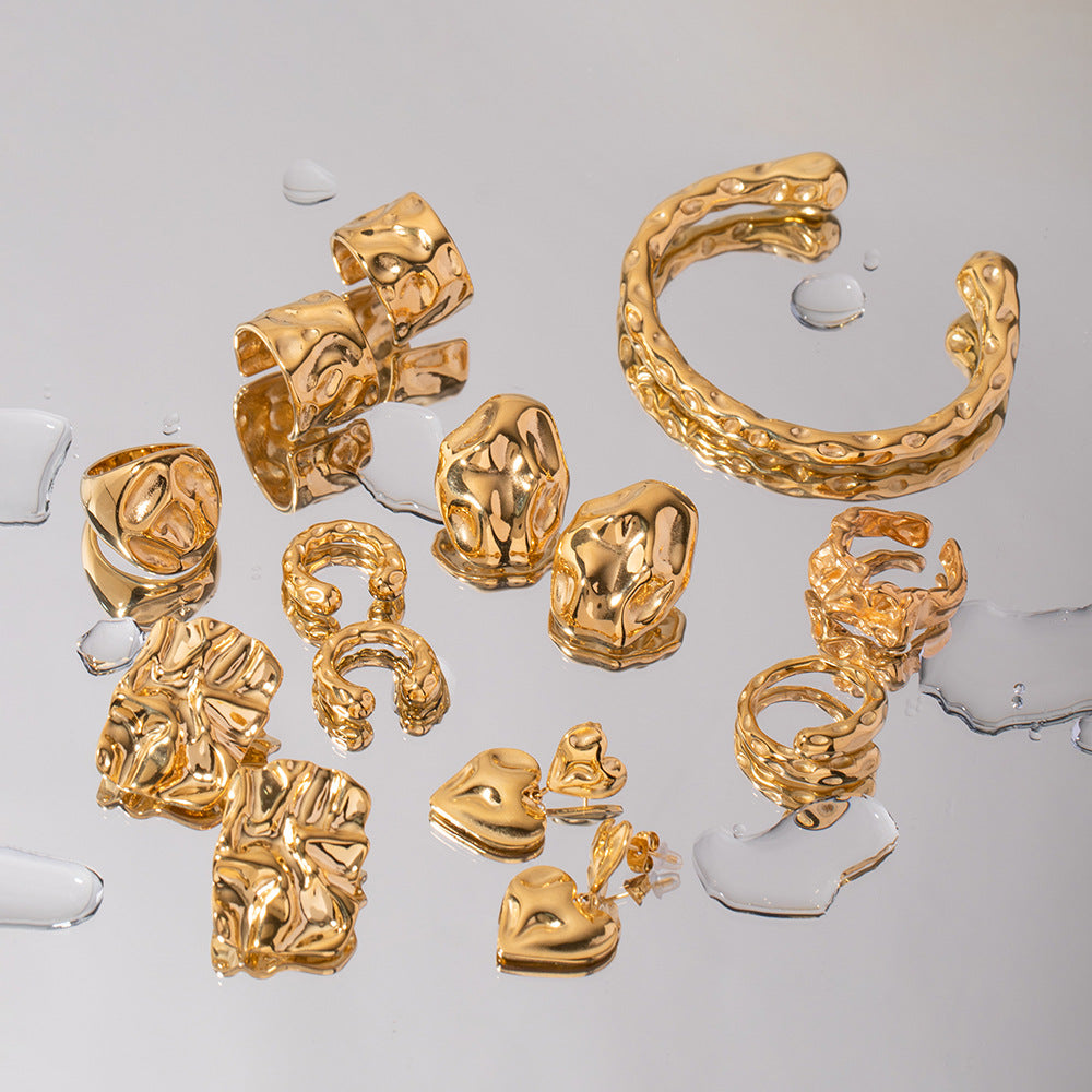 5pcs 18K Gold Plated Stainless Steel Irregular Hammer Stud Earrings Women's Fashion Timeless Earrings